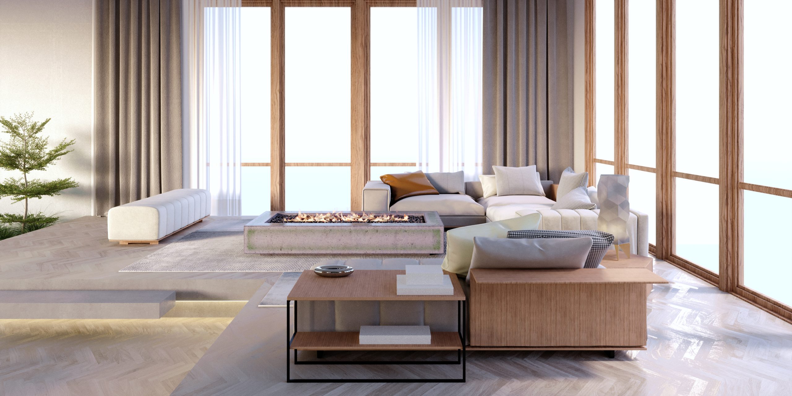 Rendu 3d, Illustration 3d, Scène d'intérieur et maquette de cadre, Salon, vue arrière du jardin de la console en bois derrière le canapé.